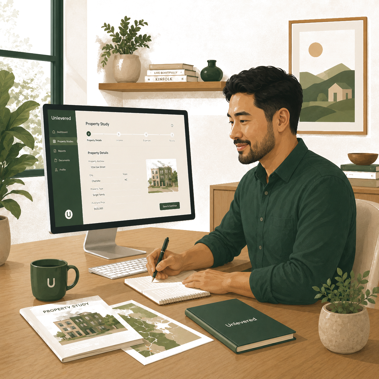 An Unlevered tax strategy advisor reviewing a property study with clients