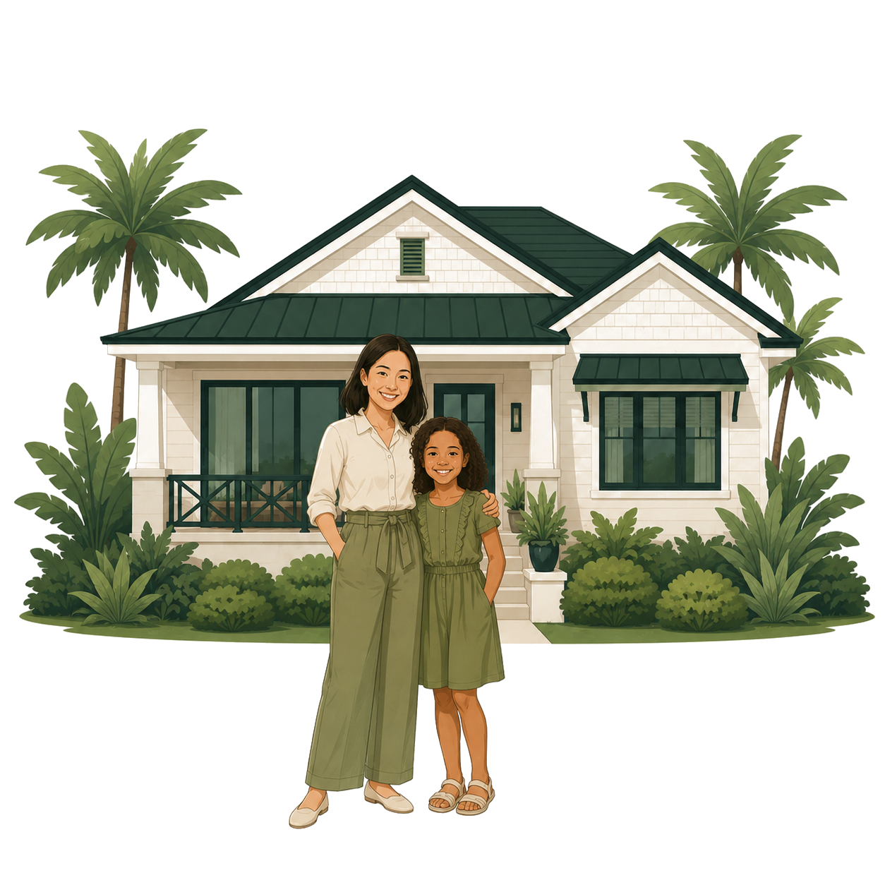 Naomi Sato and her daughter in front of their Maui beach cottage